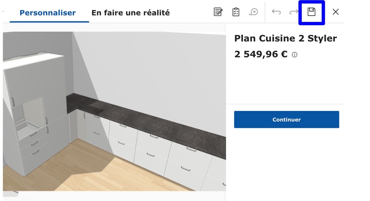 1. Allez sur <a href="https://kitchen.planner.ikea.com/fr/fr/" target="_blank">l’outil de planification Ikea</a>. Ouvrez votre plan et enregistrez-le.