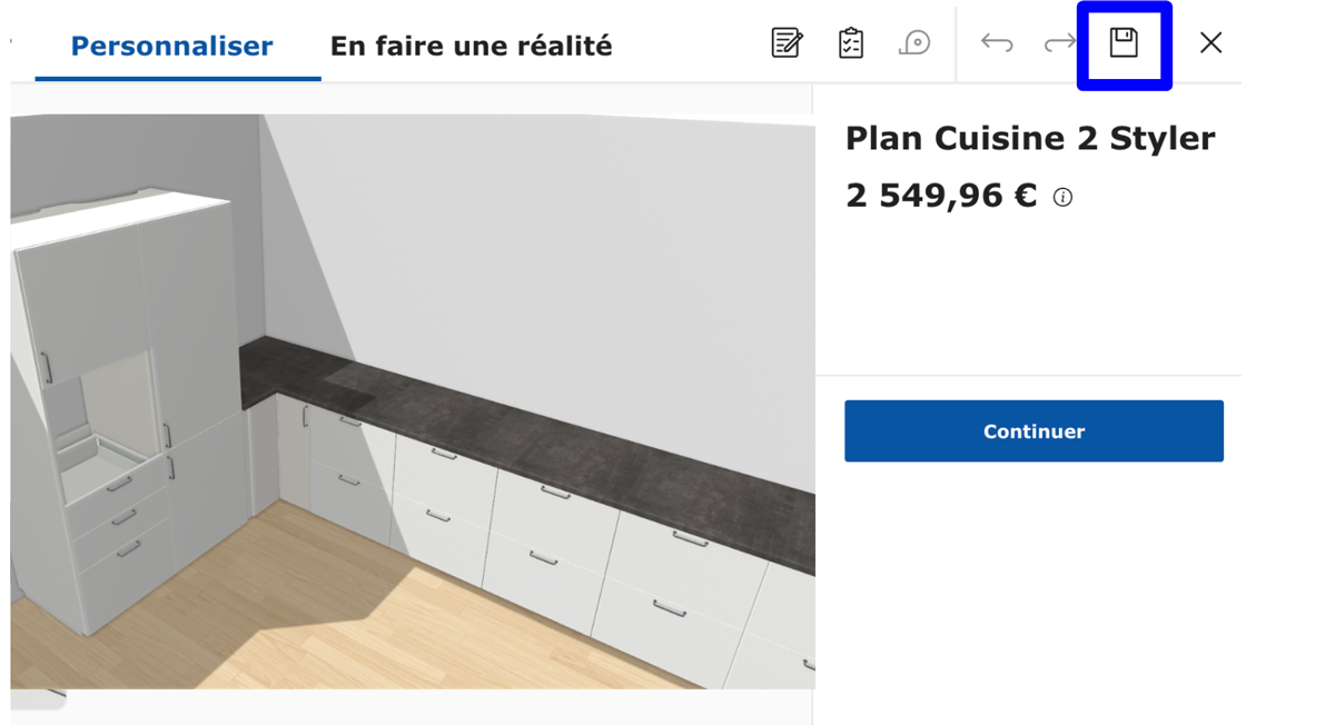 1. Allez sur <a href="https://kitchen.planner.ikea.com/fr/fr/" target="_blank">l’outil de planification Ikea</a>. Ouvrez votre plan et enregistrez-le tout en gardant les façades.